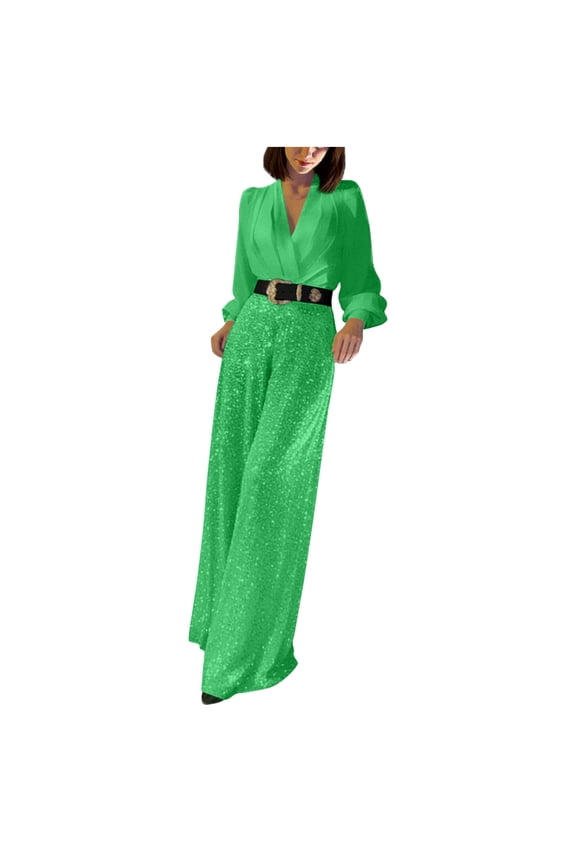 Formal Jumpsuits for Women Long Sleeve V Neck Wide Leg One Piece Rompers Sequin Trendy Business Outfits