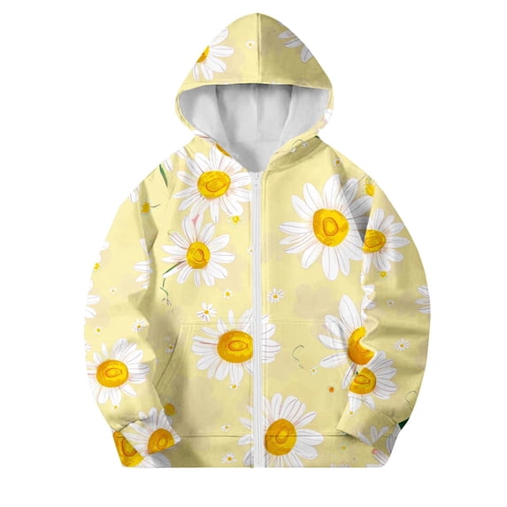 Riecok Full Zip Hoodies for Toddlers with Pocket Long Sleeve Zip up Cute Print Outwear Jacket Clothes Yellow 11 Years