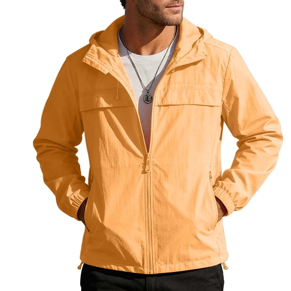 Riecok Full Zip Jacket Men Long Sleeve Sun Protection Coats Lightweight Breathable Hooded Tops Fishing Workout Outerwear Orange XL