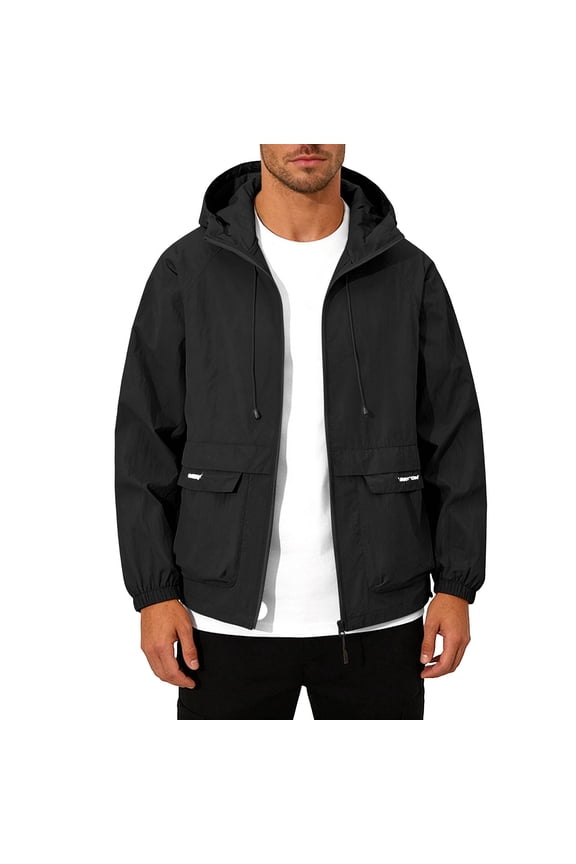 Full Zip Jacket Men Long Sleeve Sun Protection Ice Silk Coats Lightweight Hooded Tops Fishing Running Outerwear Black M
