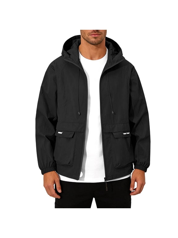 Full Zip Jacket Men Long Sleeve Sun Protection Ice Silk Coats Lightweight Hooded Tops Fishing Running Outerwear Black XL