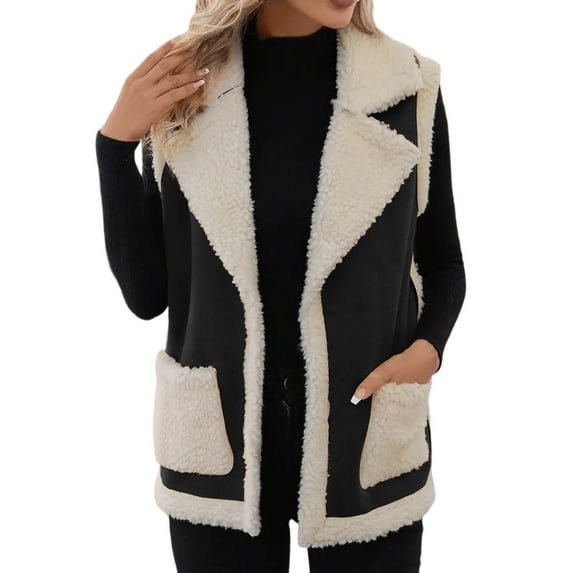 Riecok Fuzzy Vest for Women Crweneck Sleeveless Jackets Fleece Zip up Coats with Pockets Casual Trendy Outerwear