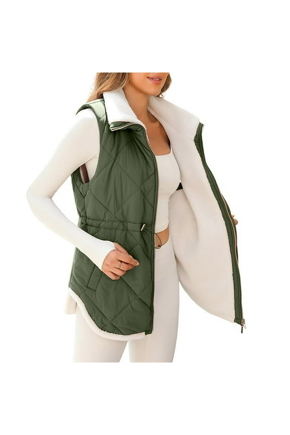 Fuzzy Vest for Women Lapel Neck Sleeveless Jackets Fleece Zip up Drawstring Coats with Pockets Casual Cozy Outerwear