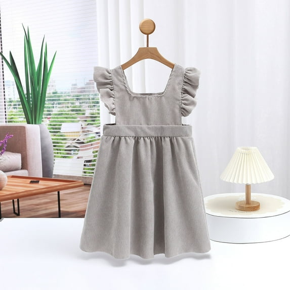 Riecok Girls 2-10Yrs Corduroy Sleeveless Princess Dress Solid Color Round Neck Vest Dress Casual Spring Autumn Outfit Gray 4-5Years