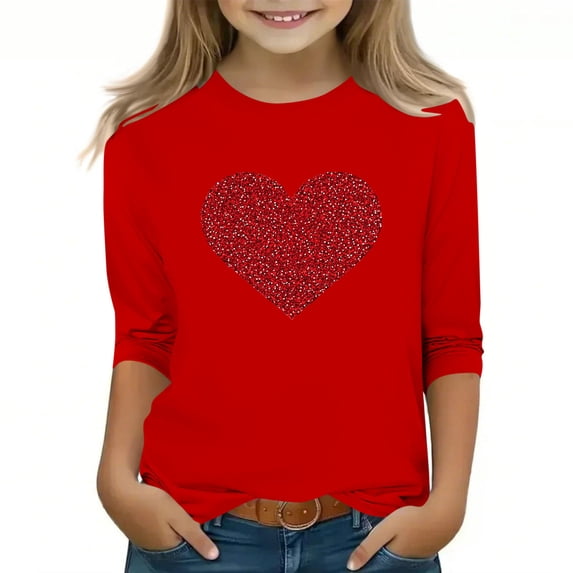 Riecok Girls 3/4 Length Sleeve T Shirts Valentine's Day Crewneck Tops Blouses Heart Print Loose Summer Tees