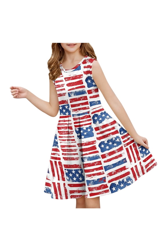 Girls American Flag Dress Sleeveless Summer Casual Sundress Tween Patriotic Apparel Independence Day Round Neck A-Line Dress Fitted Waist Light Blue 4 Years