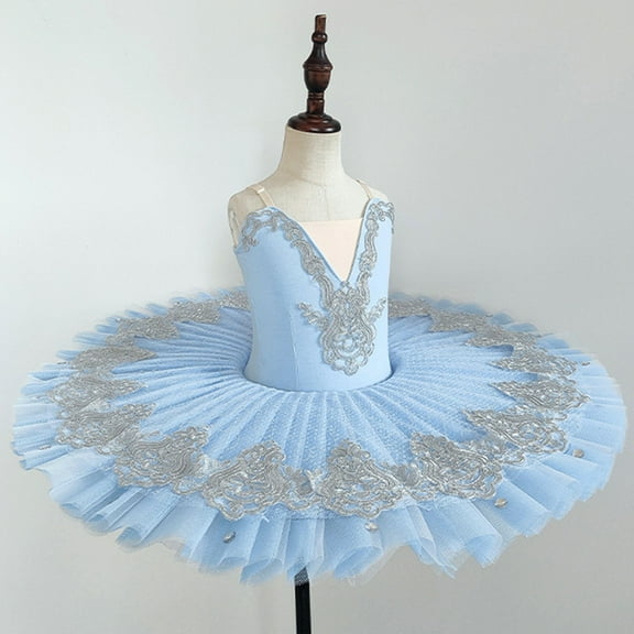 Riecok Girls Ballet Dance Practice Outfit Mesh Skirt Performance Costume Ribbon Trim Tulle Half Princess Dress Sleeveless V Neck Blue 100