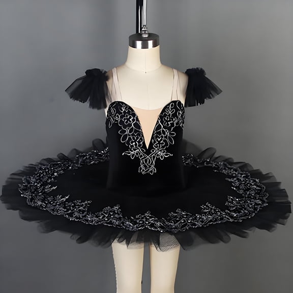 Riecok Girls Black Ballet Classical Dance Skirt Performance Costume Silver Trim Mesh Half Sleeveless V Neck Leotard Dress Black 120