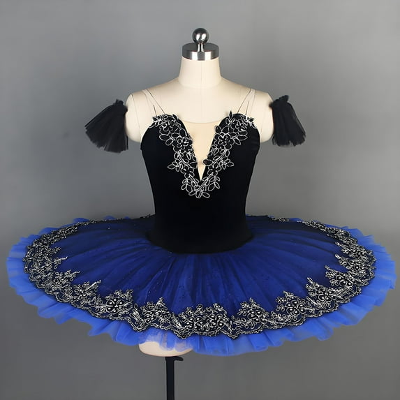 Riecok Girls Black Ballet Classical Dance Skirt Performance Costume Silver Trim Mesh Half Sleeveless V Neck Leotard Dress Blue 110