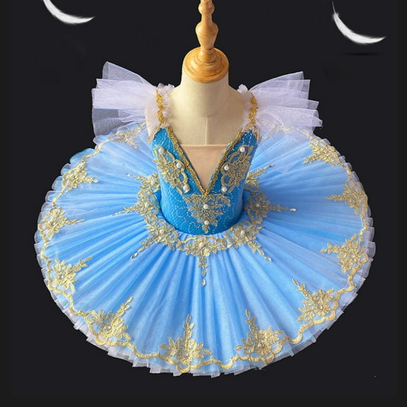 Riecok Girls Black Ballet Classical Dance Skirt Performance Costume Silver Trim Mesh Half Sleeveless V Neck Leotard Dress Blue 140