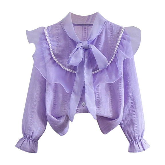 Riecok Girls Blouse with Collar Ruffle Solid Button up Blouse Long Sleeve Breathable Basic Dress Tops