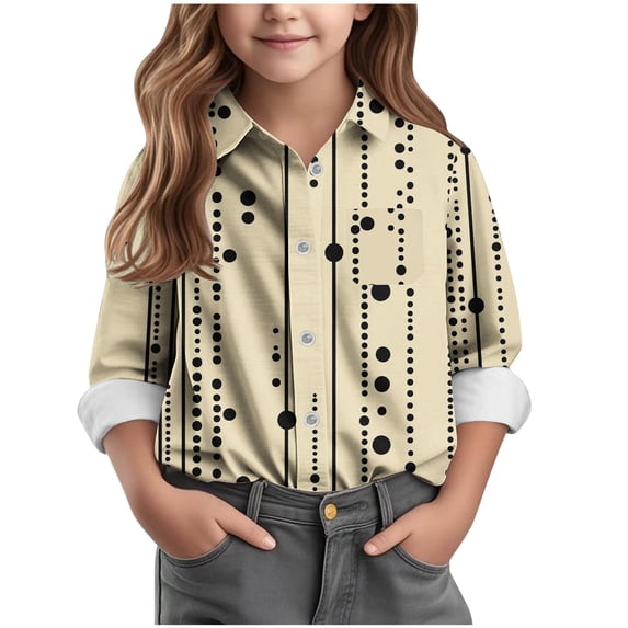 Riecok Girls Button down Shirt Lapel Collared Cute Printed Blouse Long Sleeve Lightweight Basic Trendy Fall Tops
