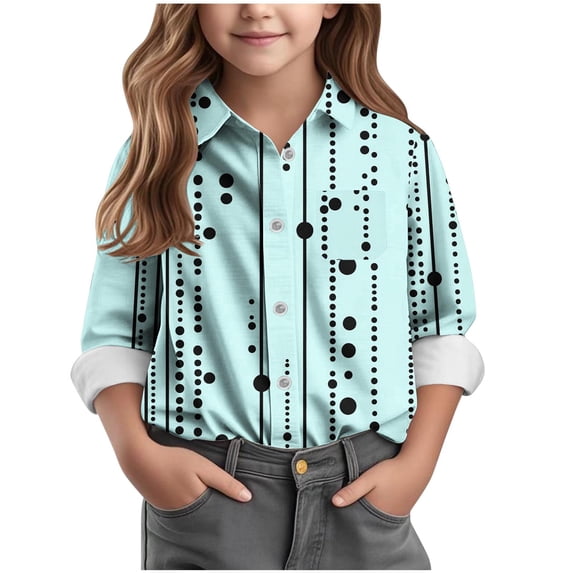 Riecok Girls Button down Shirt Lapel Collared Cute Printed Blouse Long Sleeve Lightweight Basic Trendy Fall Tops