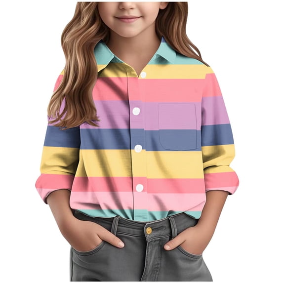 Riecok Girls Button down Shirt Lapel Collared Plaid Print Button up Blouse Long Sleeve Basic Trendy Tops