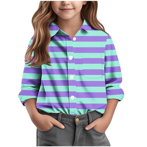 Riecok Girls Button down Shirt Lapel Collared Plaid Print Button up Blouse Long Sleeve Basic Trendy Tops