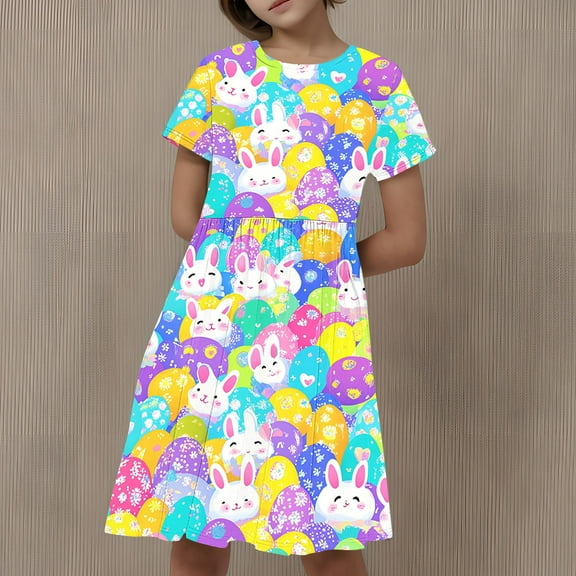 Riecok Girls Comfortable Print Patchwork Dress (4-14 Years) Big Kids Short Sleeve Pleated Outfit Multicolor 160