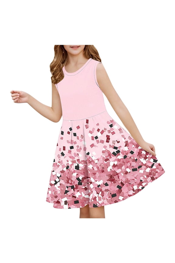 Girls Cute Summer Dress Sequin Print Sleeveless Round Neck for Tween Big Kids (3-14 Years) Waist-Cinching Outfit Pink 4 Years