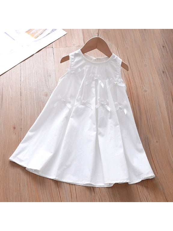 Girls Dress Sleeveless Round Neck (2-14 Years) Fashion Bow White Vest Dress Cotton Tie-Dye Possible Sundress for Toddler Little Big Kids Summer Outfit White 4 Years