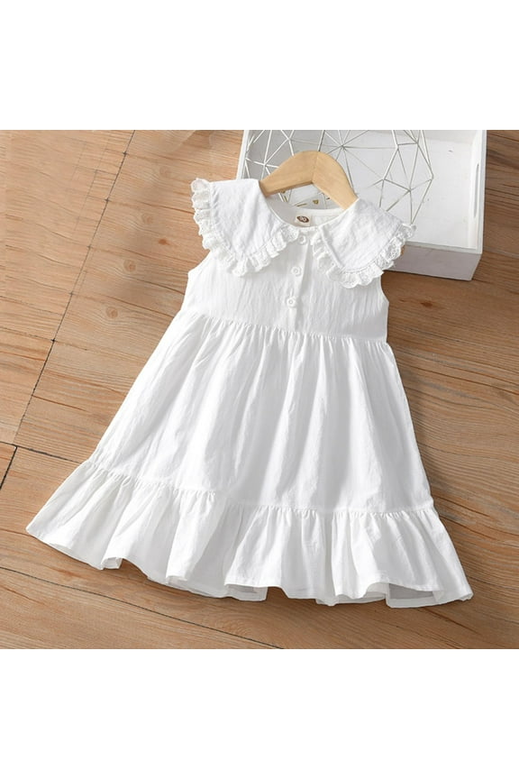 Girls Dress Sleeveless Solid Color (2-14 Years) Fashion Peter Pan Collar White Vest Shirt Dress for Toddler Little Big Kids Baby Summer Outfit White 2 Years