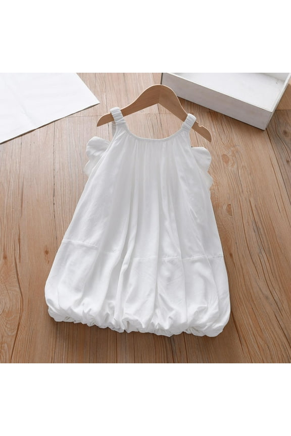Girls Dress Summer Spaghetti Strap (2-14 Years) Solid Color White Sundress with Ruffle Shoulder and Bubble Hem for Toddler Little Big Kids Casual Fashion Outfit White 7 Years