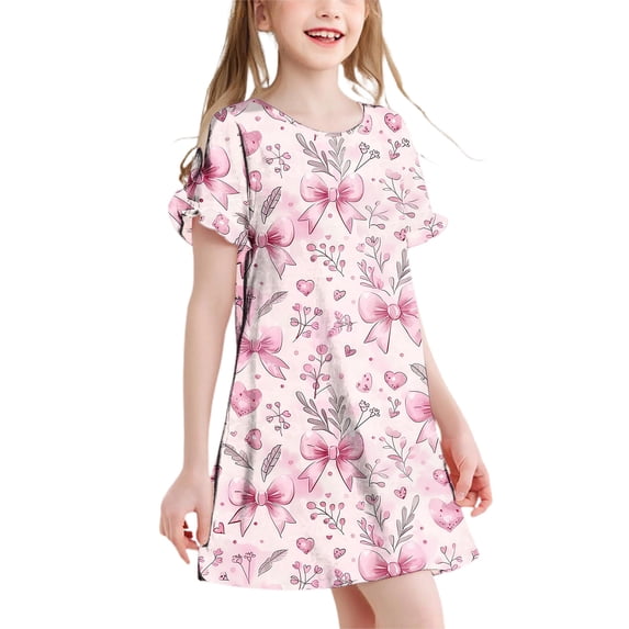 Riecok Girls Dresses Crewneck Ruffle Short Sleeve Mini Dress Breathable Bow Print Trendy Vacation Outfits