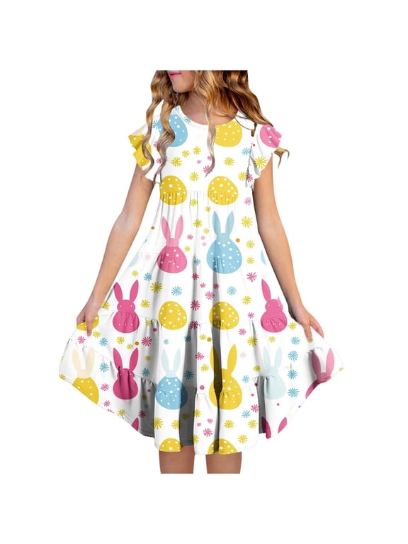 Girls Dresses Easter Flutter Sleeve Crewneck A Line Dress Cute Bunny Printed Elastic Waist Dresses with Pocket