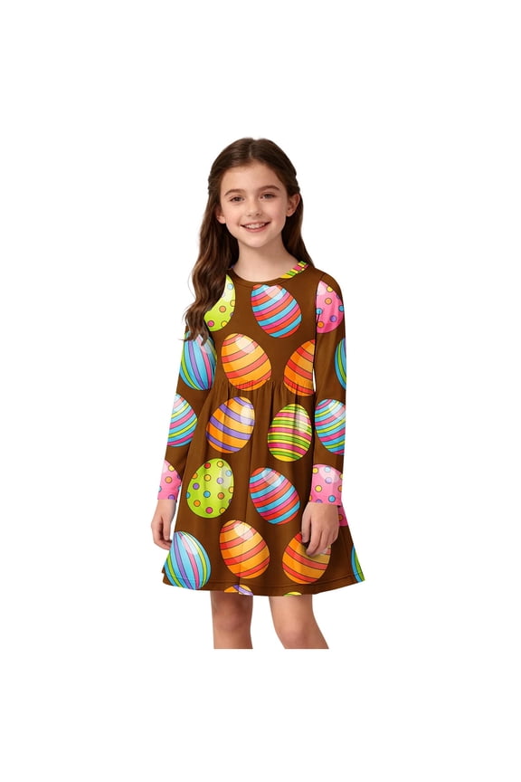 Girls Easter Dress Crewneck Long Sleeve A Line Mini Dresses Flowy Bunny Eggs Print Vacation Clothes