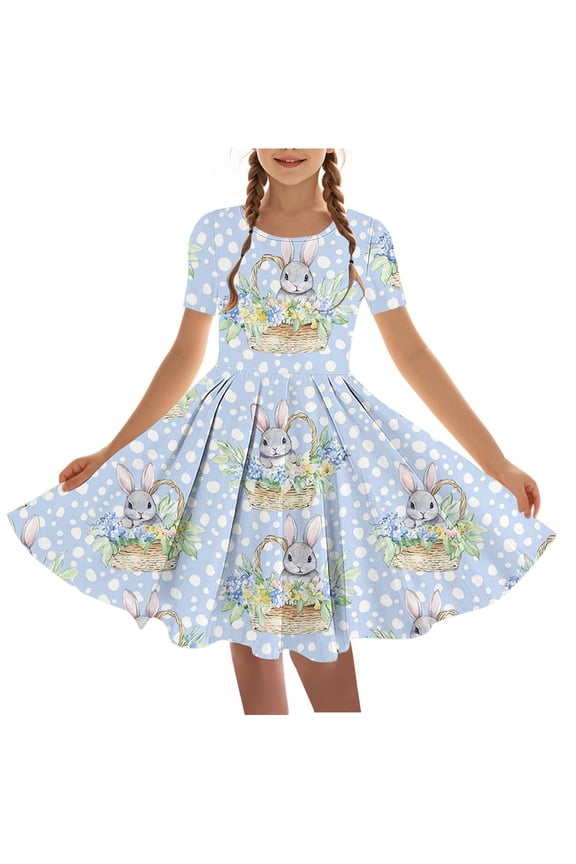 Girls Easter Dress Short Sleeve (4-14 Years) Kids Spring Summer Casual Round Neck Easter Print Dress for Little Big Girls Ballet Dance Practice Outfit Blue 5 Years