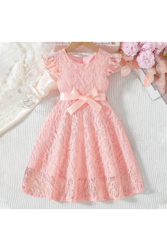 Girls Fashion Elegant Solid Color Lace Mesh Sleeveless Dress Princess Dress Kids Party Dress Birthday Dress Special Occasion Tween Children Clothing Pink 3 Years
