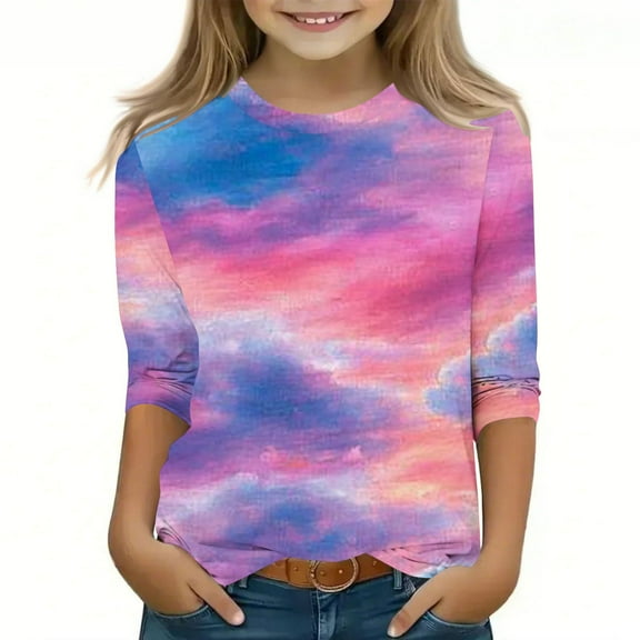 Riecok Girls Graphic Hoodie Sweatshirt 3/4 Sleeve Crew Neck Casual Spring Clothes 2025 Basic Fitted Outdoor Lightfleece Lined Tops Hoodie Sweatshirt Older Children Pullover Multicolor 5 T