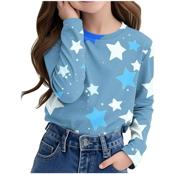 Riecok Girls Graphic Hoodies Long Sleeve Crew Neck Casual Soft All-match Spring Clothes 2025 Warm Sports Shirt Trendy Outfits Sweatshirt Older Children Pullover Blue 7 T