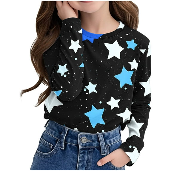 Riecok Girls Graphic Hoodies Long Sleeve Crewneck Casual Soft All-match Spring Clothes Warm Sports Shirt Trendy Outfits Sweatshirt Older Children Pullover Black 7 T