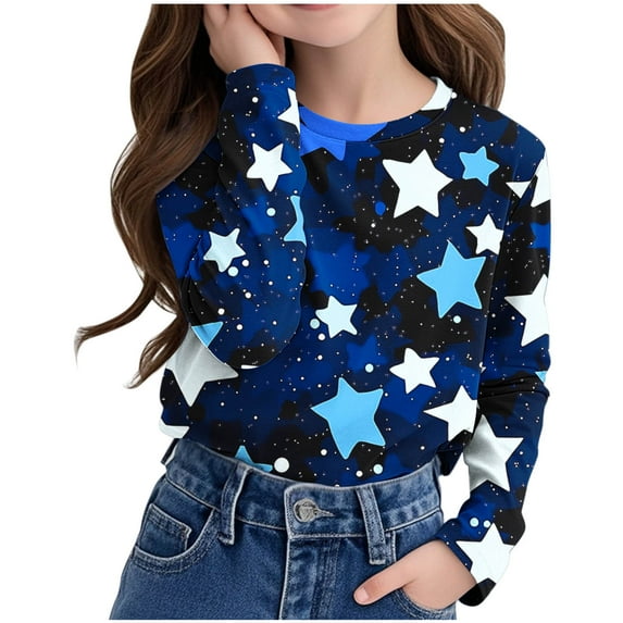 Riecok Girls Graphic Hoodies Long Sleeve Crewneck Casual Soft All-match Spring Clothes 2025 Warm Sports Shirt Trendy Outfits Sweatshirt Older Children Pullover Dark Blue 3 T