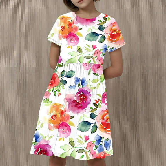Riecok Girls Heart Print Short Sleeve Pleated Dress (4-14 Years) Cute Casual Comfortable Lightweight Summer Dresses for Girls White Colorful Kids Dress Multicolor 140