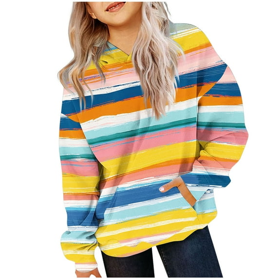 Riecok Girls Hooded Sweatshirts Long Sleeve Round Neck Stripe Printed Kids Cute Pullover Top Clothes for Girls and Boys Multicolor-17 9-10 Years