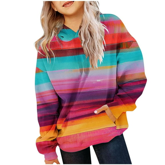 Riecok Girls Hooded Sweatshirts Long Sleeve Round Neck Stripe Printed Kids Cute Pullover Top Clothes for Girls and Boys Multicolor-24 5 Years
