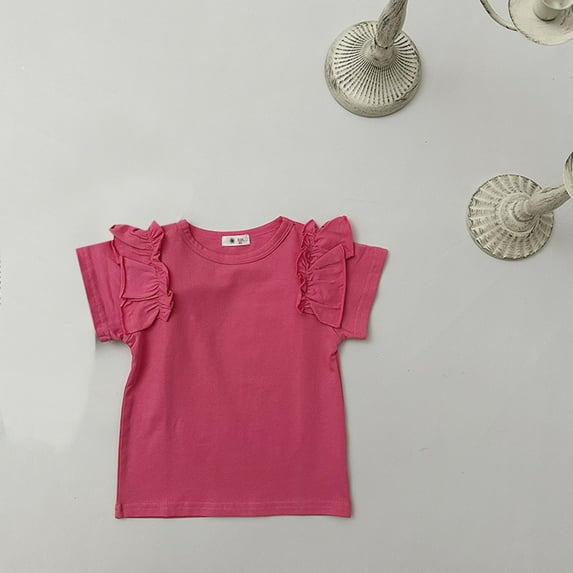 Riecok Girls Kid Tough T-Shirt Comfortable Girl Ruffle Sleeve Solid Color Western Style Top Fashion Loose Western Style Top Indoor Outdoor Party Performance Pink 90