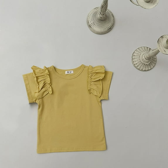Riecok Girls Kid Tough T-Shirt Comfortable Girl Ruffle Sleeve Solid Color Western Style Top Fashion Loose Western Style Top Indoor Outdoor Party Performance Yellow 110