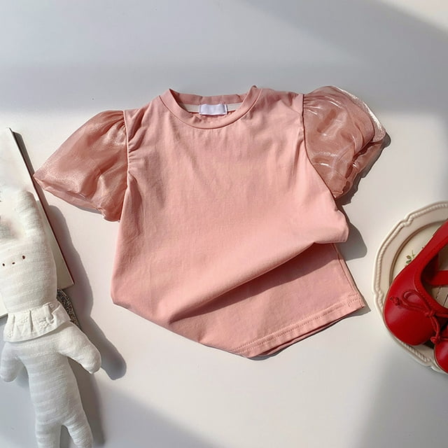 Riecok Girls Kid Tough T-Shirt Short Sleeve Round Neck Girls Solid Color Sleeve Loose T-Shirt Indoor Outdoor Party Performance Summer Comfortable Pink 110