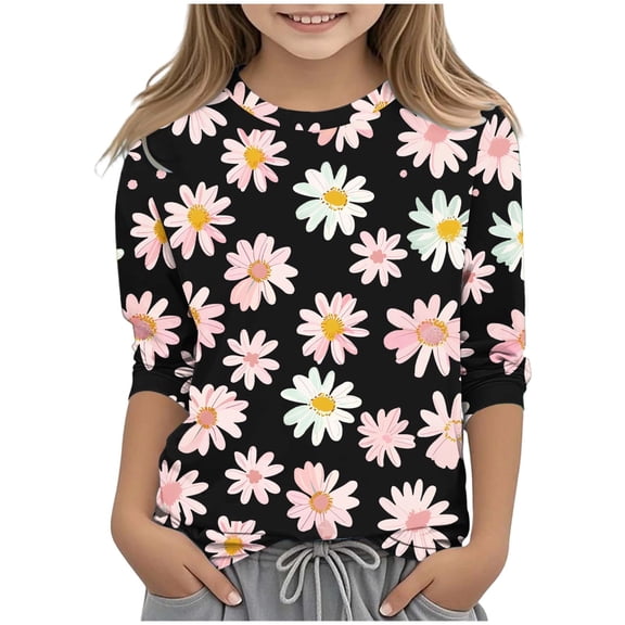 Riecok Girls Long Sleeve Shirts Round Neck Cute Printed 3/4 Sleeve Kids Casual and Comfortable Base Shirt Black 9 Years