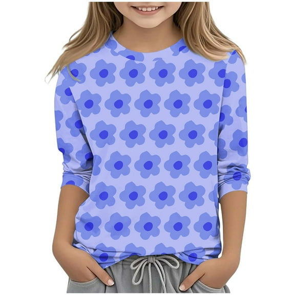 Riecok Girls Long Sleeve Shirts Round Neck Cute Printed 3/4 Sleeve Kids Casual and Comfortable Base Shirt Blue 9 Years