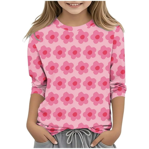 Riecok Girls Long Sleeve Shirts Round Neck Cute Printed 3/4 Sleeve Kids Casual and Comfortable Base Shirt Pink 4 Years