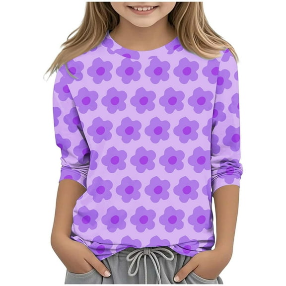 Riecok Girls Long Sleeve Shirts Round Neck Cute Printed 3/4 Sleeve Kids Casual and Comfortable Base Shirt Purple 7 Years