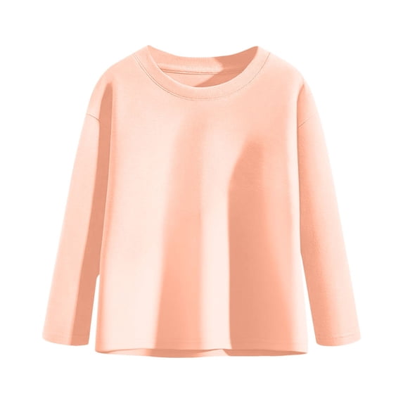 Riecok Girls Long Sleeve Shirts Round Neck Solod Color Pullover Comfortable Fall Winter Bottoming Shirt Pink 140