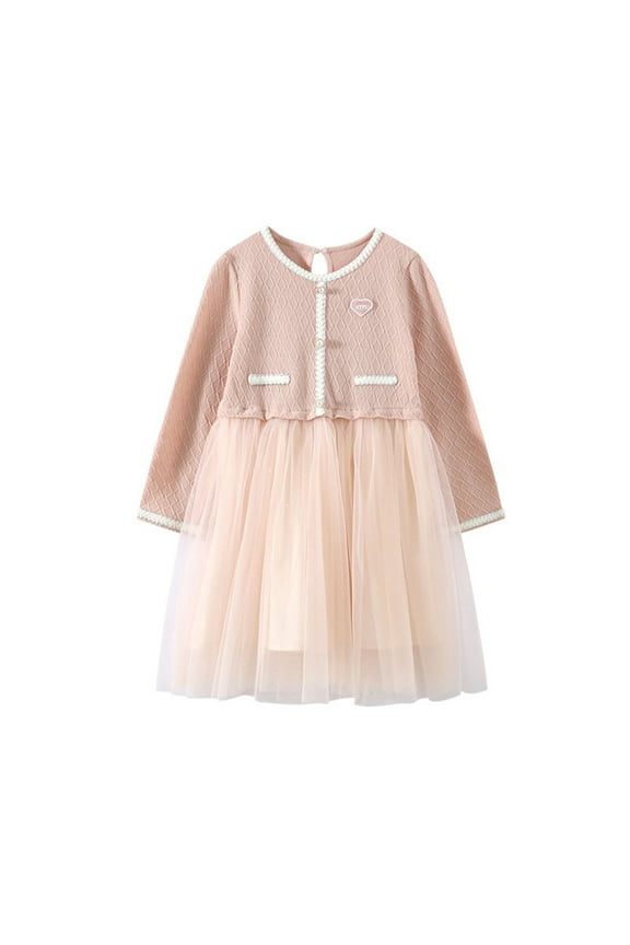 Girls Long Sleeve Tweed Dress French Princess Dress Tulle Puff Skirt Tween Party Dress Kids Classic Dress Elegant Dress Pink 3 Years