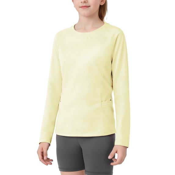 Riecok Girls Rash Guard Shirt Long Sleeve Sun Protection Quick Dry Pullover Breathable Tops Running Clothes with Pocket Beige 10 Years