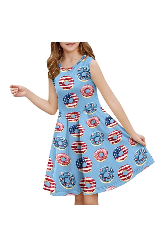 Girls Red White Blue Dress Sleeveless Summer Casual Sundress Tween Independence Day Outfit Round Neck A-Line Dress Fitted Waist Kids Patriotic Wear Light Blue 13 Years