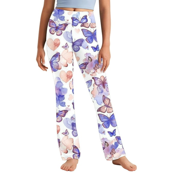 Riecok Girls Seamless Leggings High Waisted Elasticity Cute Butterfly Printed Fashion Straight Yoga Pants Multicolor 10 Years