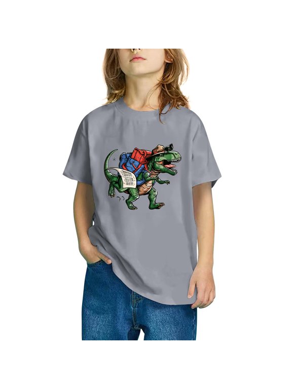 Girls Short Sleeve T Shirts Kids Crew Neck Casual Dinosaur Print Comfortable Soft Top Shirt Kids Clothes Gray 4 T