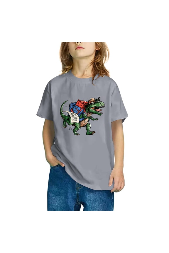 Girls Short Sleeve T Shirts Kids Crew Neck Casual Dinosaur Print Comfortable Soft Top Shirt Kids Clothes Gray 9 T
